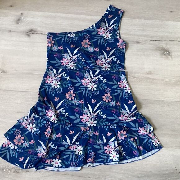 Trend blossoms Navy & Light Pink Floral One-Shoulder Ruffle-Hem Dress - Girls 10 - Picture 4 of 5